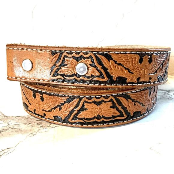 Vintage Hand Tooled Leather Eagle Belt Southwestern Brown Black Unisex No Buckle - Picture 1 of 10